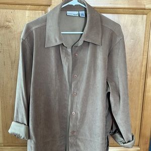 Tan long, button down shirt